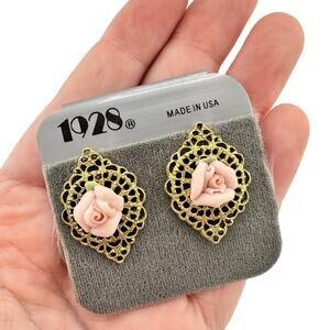 1928 NWT Vintage Style Pink Porcelain Rose Gold Tone Filigree 1" Stud Earrings